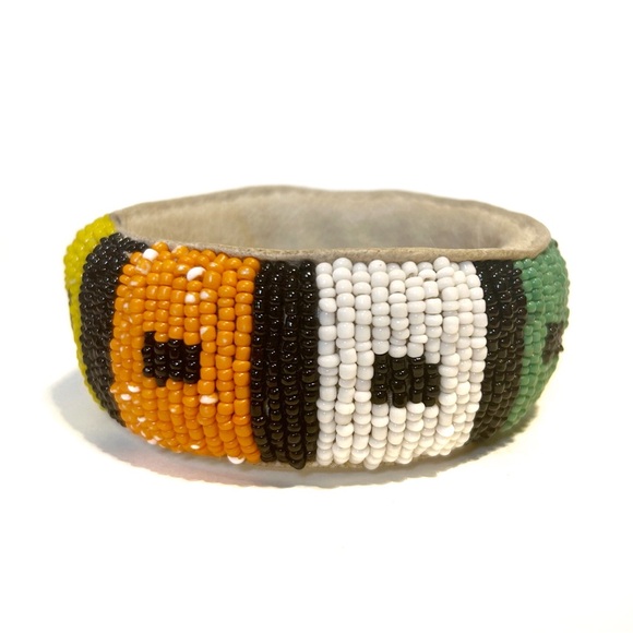 Handmade African Beaded Bracelet Bangle Green Yellow Orange White Black Leather - Picture 7 of 10